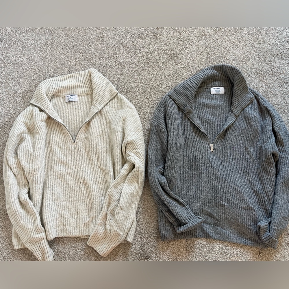 Old Navy Ribbed Half-Zip Sweater Pullover - Cream & Gray